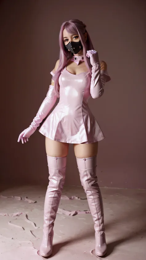 Beautiful girl light violet hair.with pink thigh-high boots, mini dress and gloves . Pink Anti Gas Mask. fist