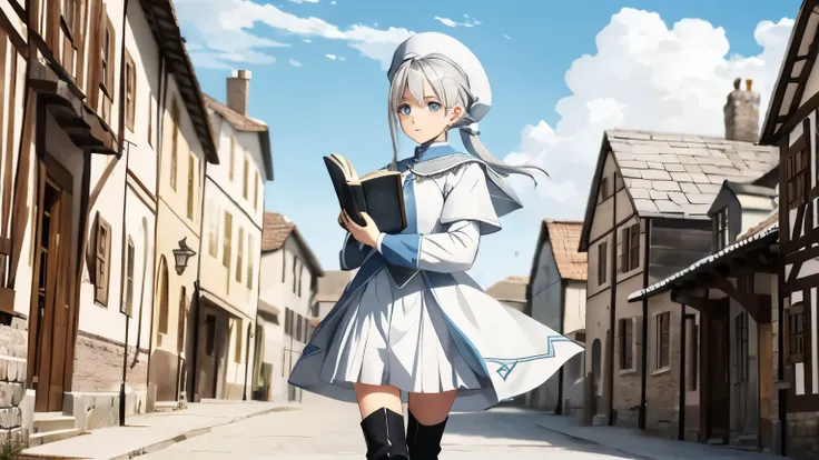 Wizard　White clothes　Half skirt　Silver hair ponytail　Brown boots　Pointed Ears　Holding a book in one hand　blue sky　cloud　A bustling medieval town　White Eyes　Bullish expression　Cute face　One young woman　Small hat　Full body shot　View your viewers