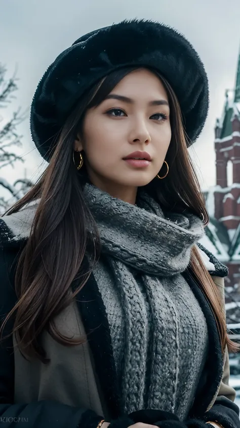 Black mink Cossack hat,  Wear knitted wool gloves, Coats to protect against the cold, Front view , Standing pose, In front of the Moscow Church, View your viewers,  asian girl, , (Blonde, Mid-length hair ,  Falter, Grey Eyes, Beautiful Lips,  Severe),  Gol...