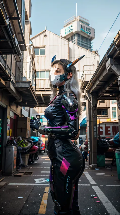 1girl, a beautiful girl cyborg cyberpunk with a cyberpunk city tall buildings, white hair, cybermask, white and orange and black machine suit color combination, the body full of machine, realistic futuristic hologram, asian skin tone, beautiful eye, beauti...