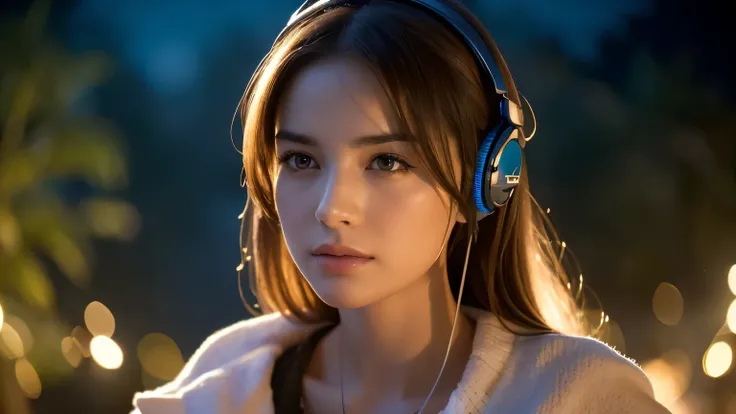 A beautiful girl listening to music with headphones in a lush garden, surrounded by flowers under a moonlit sky, highly detailed, 4k, 8k, photorealistic, masterpiece, ultra-detailed, vivid colors, chiaroscuro lighting, dramatic shadows, fantasy, ethereal, ...