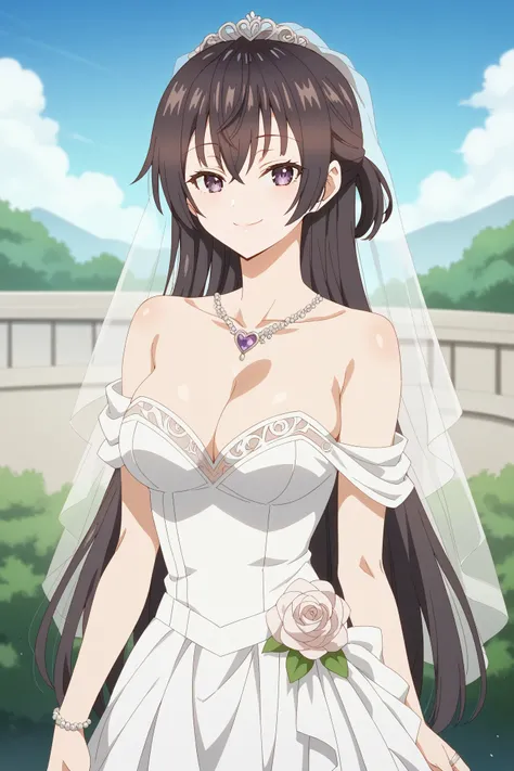 score_9, score_8_up, score_7_up, score_6_up, source_anime, BREAK, 1girl, yuki suou, long hair, bangs, brown hair, black hair, hair between eyes, purple eyes, half updo,  smile, looking at viewer, wedding dress, wedding veil, off shoulder, cleavage, smile, ...