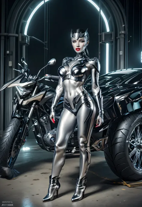 Decepticon Robot Girl, Transformable Motorcycle Robot Girl, Shimmering Black Metal Decepticon Robot Woman, Colored Skin (Titanium Skin: 1.5), Big Ass, Decorated in Black Metal Shades, Exuding Futuristic Elegance and Technological Marvel, ((galaxy pop idol)...