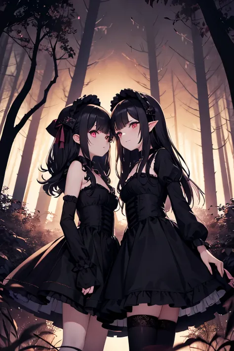 Two twin succubus sisters, dressed in gothic lolita-inspired outfits, are standing in a dimly lit forest. The trees are twisted and gnarled and the ground is covered in fallen leaves. The sister on the left is wearing a long, black dress with a ruffled ski...