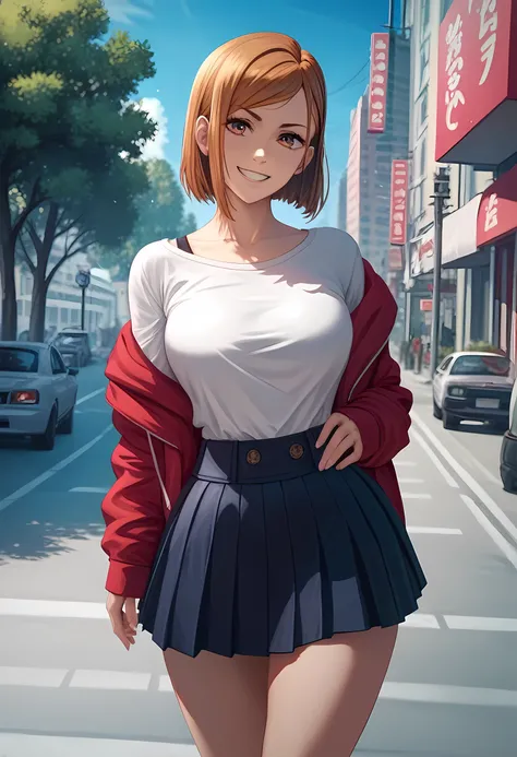 score_9, score_8_up, score_7_up,score_6_up, source_anime, solo, medium breast, wide hips, sharp gaze, sakura tree on the side of the road, 1girl, kugisaki nobara, smile, looking at viewer , white shirt, off-shoulder shirt, red tight hoodie, short thight sk...