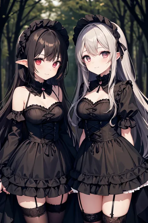 Two twin succubus sisters, dressed in gothic lolita-inspired outfits, are standing in a dimly lit forest. The trees are twisted and gnarled and the ground is covered in fallen leaves. The sister on the left is wearing a long, black dress with a ruffled ski...