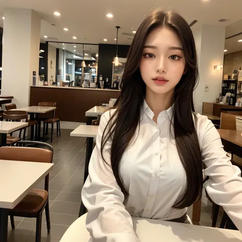 （Realistically， High resolution：1.3）， One girl with a perfect body， Very beautiful face and eyes，Long white hair， Date attire， At the cafe， Coffee on the table， Huge ，