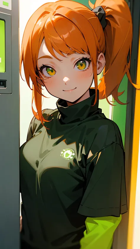 (Best Quality、Super detailed、Real)、girl、20 years old、Orange Hair、Glowing green eyes、Side Ponytail、A radiant smile、Black turtleneck T-shirt、Green jacket、Upper body close-up、Standing in front of a vending machine