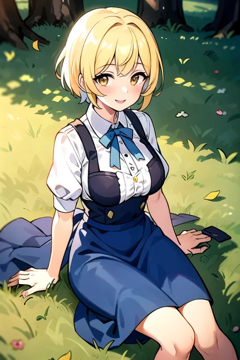 ((Best Quality)), ((masterpiece)), (detailed), One girl, pretty girl、Young、Yellow Hair、Dark brown eyes、Blushing、Voluminous short hair、Hair is flying to the side、、Sitting in the grass、He spreads his hands and shows them to me、Blue clothes、Spreading out her ...