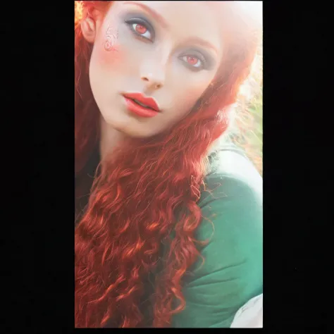 there is a woman with red hair and a black choke, crimson red hair and red eyes, red haired goddess, with red hair, with red hair and green eyes, red dyed hair, red hair, with long red hair, she has red hair, black and red hair, with curly red hair, red he...