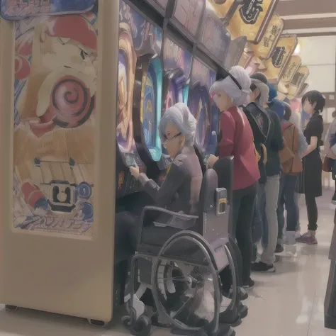 there are many people standing around a game machine in a mall, a busy arcade, tokyo anime scene, todays featured anime still, anime still film anime shikishi, akira toriyama 📹, old lady cyborg merchant, in tokio, video still, frail, hanayamata, taken in 2...