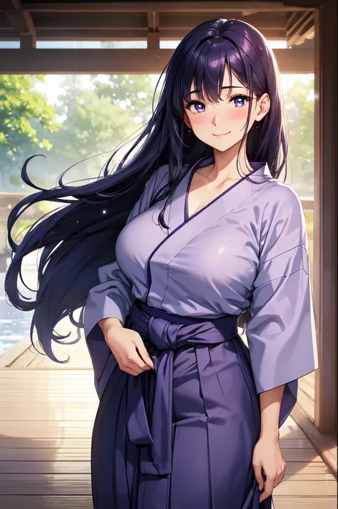 (High quality, High resolution, Fine details), light purple tops, (navy blue hakama), Standing, solo, curvy adult women, long dark hair, sparkling eyes, (Detailed eyes:1.2), smile, blush, Sweat, Oily skin, natural lighting, ethereal atmosphere, Soft tones,...