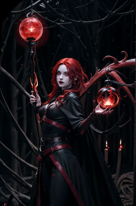 a beautiful vampire with long red hair, glowing eyes, wearing black and red leather, conjuring a flaming sphere in her hand, loo...