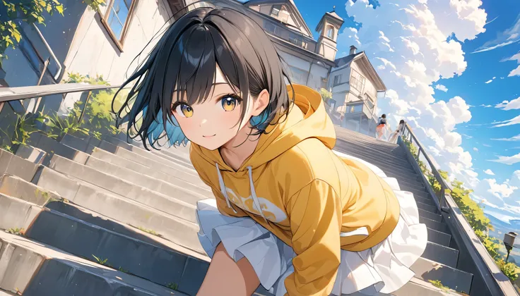 anime、((Amazingly absurd)),(masterpiece:1.2),超High resolution, Attention to detail, high quality, High resolution, 最high quality, 4K, 8k、Yellow hoodie、White Skirt、Black Hair、Short Hair、cute、Climbing the stairs、Stairs to a brighter future,Dazzling Backgroun...