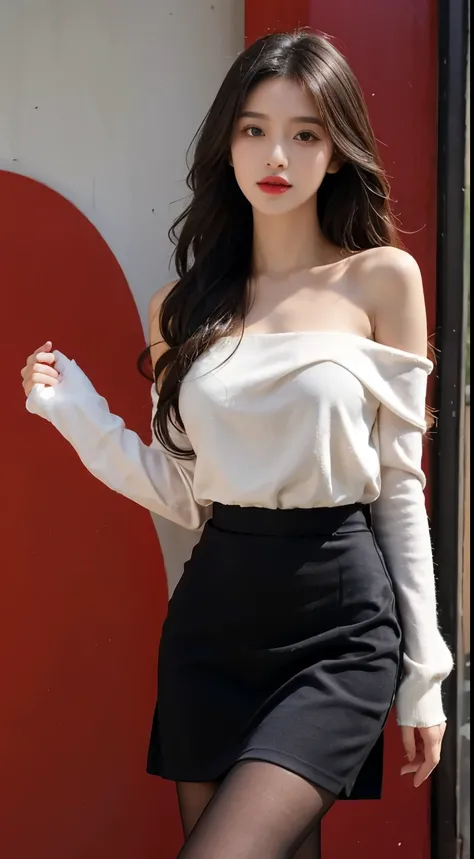 A perfect young female white-collar worker，Chinese big breasts，High picture quality，Works of masters，Black hair，Long hair shawl，Long hair flowing over the shoulders，Beach wave hairstyle，cropped shoulders，clavicle，exquisite face，Hydrated red lips，（（Wear col...