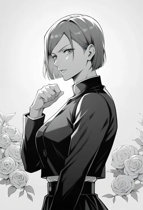 score_9, score_8_up, score_7_up, score_6_up, 1girl. greyscale, nobara kugisaki, bob cut, short hair, manga style, anime aestheti...