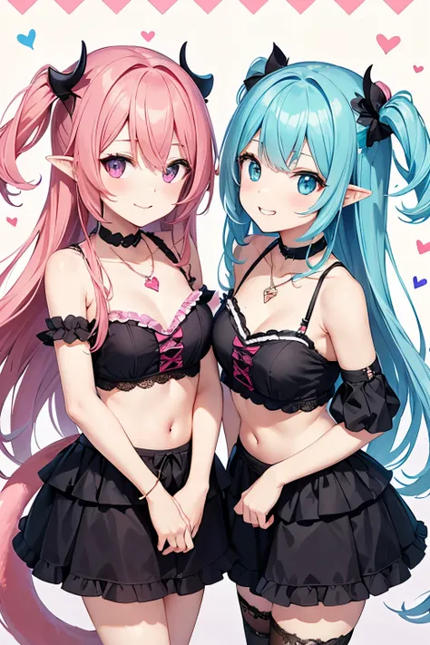 Two identical twin sisters, both dressed as adorable succubi, are posing for a selfie in a brightly colored, pastel-themed room. Both are wearing short, fluffy dresses with devilish horns and tiny, bat-like wings. Their outfits are adorned with heart-shape...