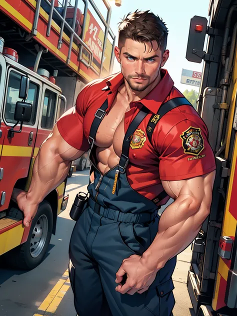 NSFW , masterpiece, best quality, face, natural eyes, 1man, macho HORNY man,, muscled and mature, stephen amell as a firefighter wearing totally unbuttoned firefighter overall, sweating, tight cloth showing his muscles and COCK , full body , background sta...