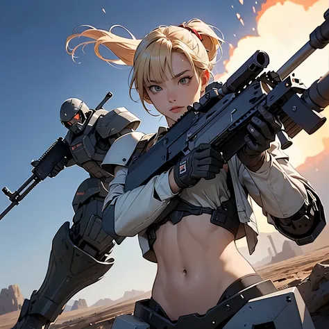 nsfw, anime screencap, 16k, perfect anatomy proportion body, action, A dynamic composition with a sense of speed and movement, (shooting, Hold an assault rifle:1.6), a wife, 40age, perfect beautiful delicate sexy face, perfect beautiful delicate eyes, blon...