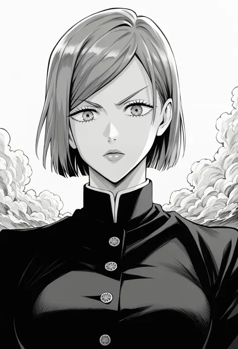 score_9, score_8_up, score_7_up, score_6_up, 1girl. greyscale, nobara kugisaki, bob cut, short hair, manga style, anime aestheti...