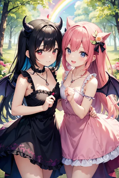 Two adorable succubus sisters are playing dress-up in a magical, enchanted forest. Theyre both wearing short, frilly dresses with devilish horns and tiny wings. The sister on the left is twirling around, her dress billowing out around her. The sister on th...