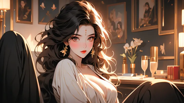 1 woman, working, office, wearing a black blazer loosely draped over her shoulders, relaxed pose, looking at the camera, 2d illustration, anime, a painting in fine arts, in manhwa style, (boa hancock), 1girl, brown hair, long hair, big hair, golden eyes, m...