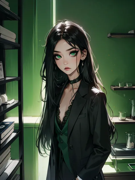 emo_hairstyle, ((tight black suit)), (black lace blazer), black tie, ((long hair)), ((straight hair)), (((black hair))), side swept bangs, white skin, pale, white, (green eye), tired expression, choker, ((dark makeup, mascara, eyeshadow)), multiple piercin...