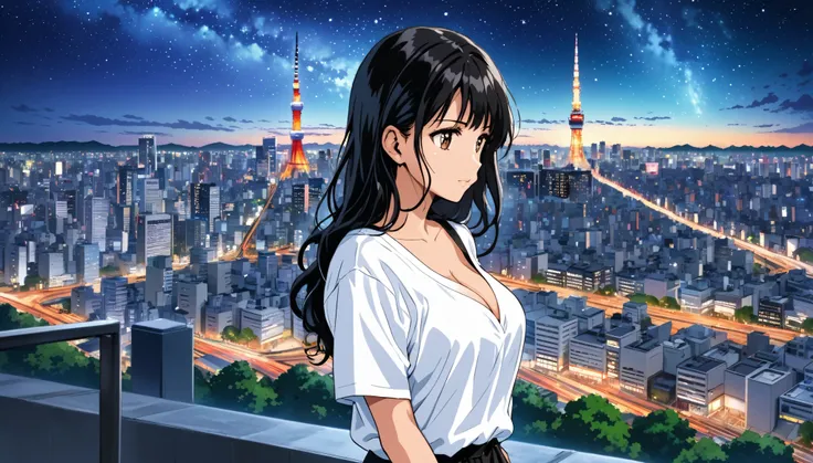 A black-haired woman looking out over the city of Tokyo,Night starry sky,Streetscape、listen to music、Japanese　Black Hair　Cleavage Skyscraper City　Wear a white Y-shirt　clear