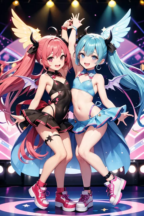 A pair of twin succubi sisters are dancing in a circle. Theyre standing on a stage with a disco ball hanging above them. The background is a blur of neon lights and colorful patterns. Both sisters have big, bouncy hair and oversized bows. Theyre wearing ma...