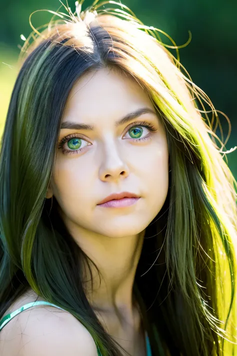 realistic portrait of a woman with green long hair and big intense green eyes