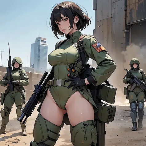 nsfw, anime screencap, 16k, perfect anatomy proportion body, Camouflage-colored heavy armor steam engine full armor powered suit, very wide shot, (Multiple sexy female soldiers having a gunfight in the background, Shoot an assault rifle, shooting:1.6), gig...