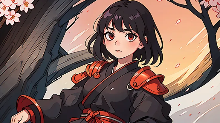 Solo girl with short black hair and red eyes wearing Samurai armor sitting by a sakura tree.