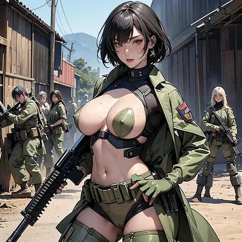 nsfw, anime screencap, 16k, perfect anatomy proportion body, Camouflage colored steel steam engine full armor powered suit, (A group of sexy female soldiers having a gunfight in the background, Shoot an assault rifle, shooting:1.6), 40age, gigantic tits, a...