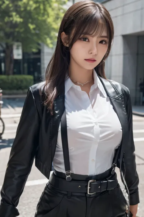 a woman in a suit, belt, hands behind back, sweating, suspenders, black pants, large breasts, see-through clothing, rain, detective, office worker, white button-up shirt, (best quality,4K,8k,highres,masterpiece:1.2),ultra-detailed,(realistic,photorealistic...