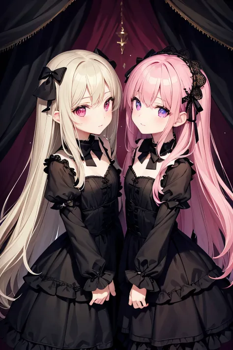 In a dimly lit room, two twin sisters, dressed in matching dark Lolita-inspired outfits, are sharing a secret. Both are wearing black dresses with lace overlays, and their hair is styled in long, flowing curls. They have painted on devil wings and tiny, he...