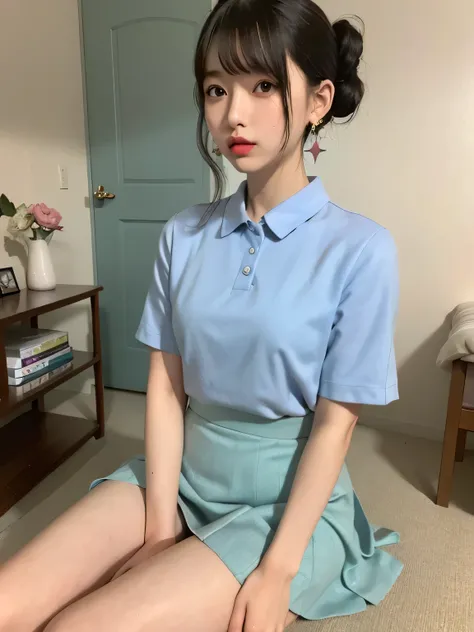 (Best Quality、8k、32K、masterpiece、Hmph:1.2)、Light blue wall、sexy、(())、、Cute Japanese women photos、((Star Earrings))、Lip Piercing、((In the ear３Two earrings))Short Twin Tails、Red lipstick、sexy、thin、Slender、(Bobcut)、(Small breasts)、Double eyelids、A pink short-...