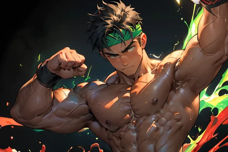 ((masterpiece, best quality)), (((((black background, deep night, upper body))))), (1 boy, worm eyes, Young boy, muscler, Shirtless, topless), ((((1boy, flesh, tough, reliable, developed body, blue and green aura effect, holding aura energy)))), (Dark Shor...