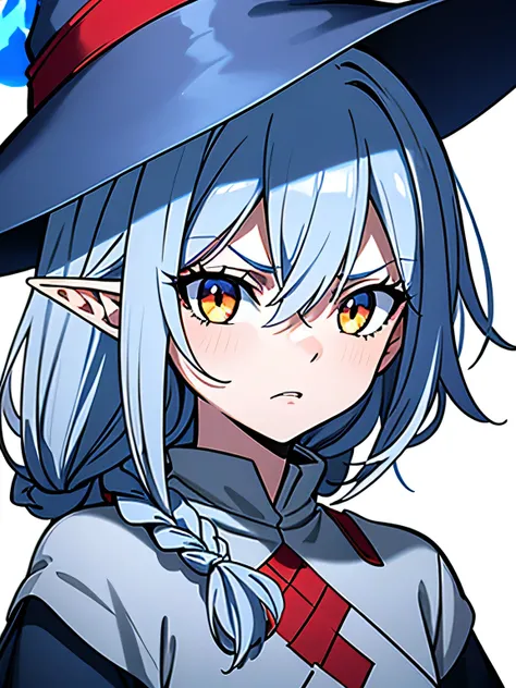 One Girl, Wizard, dark gray blue hair, brown eyes, light blue witch hat, red flame, short braid, Shadowy, elf, white skin,Serious face, deep shadow, white background, Sparkling Highlights in the Eyes, Droopy eyes