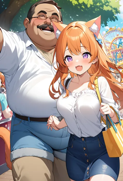 young girl、very cute、young、firm breasts、white shirt、denim skirt、orange hair、high quality backgrounds、fat uncle、holding hands、amu...