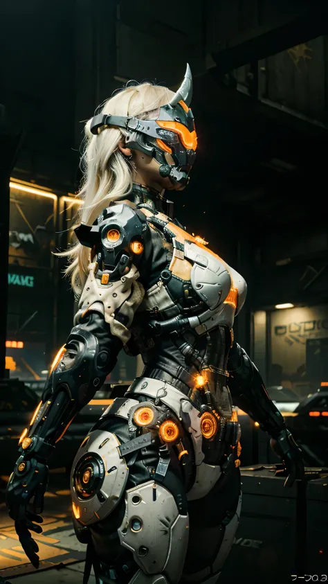 1girl, a beautiful girl cyborg cyberpunk with a cyberpunk city tall buildings, white hair, cybermask, white and orange and black machine suit color combination, the body full of machine, realistic futuristic hologram, asian skin tone, beautiful eye, beauti...