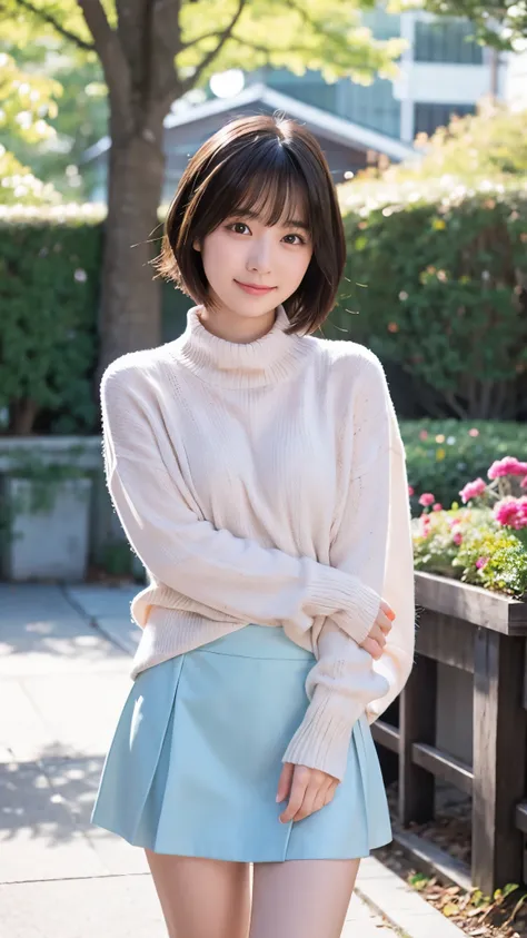 A cute 1 Japanese girl with short black hair, soft and natural, with a gentle smile and big, expressive eyes. She has fair skin and wears a casual, stylish outfit with a pastel-colored sweater and a skirt. The background is simple and bright, with soft lig...