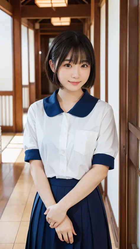 A cute 1 Japanese girl with short black hair, soft and natural, with a gentle smile and big, expressive eyes. She has fair skin and is wearing a traditional Japanese school uniform, consisting of a navy blue skirt, a white blouse with a sailor collar, and ...