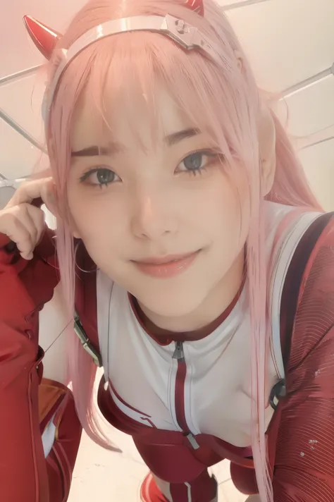 ((best quality)),((highly detailed)),masterpiece,absurdres,detailed face,beautiful face,((detailed eyes, deep eyes)),(1girl),((dynamic pose)),   Zero_Two, green eyes, 1girl, solo, red bodysuit, long hair, pilot suit, pink hair, bodysuit, straight hair, hai...