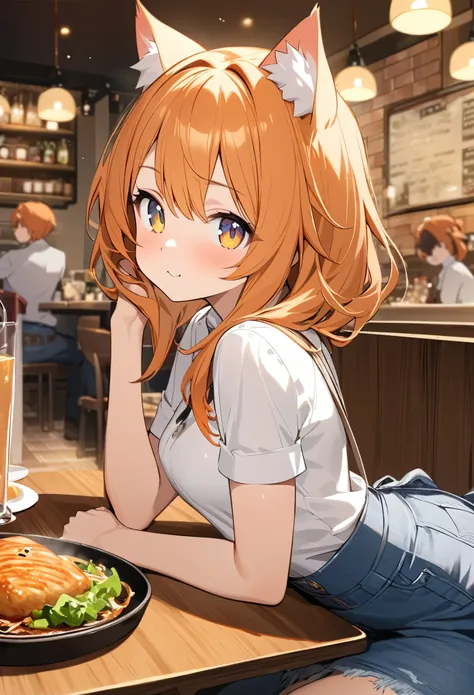 Young girl、Very cute、small、Firm breasts、Denim skirt、Orange Hair、Top quality backgrounds、restaurant、Cat ears、Cat&#39;s tail、（Eating rice）smile、A distant view、Sit on a chair、Facing my uncle