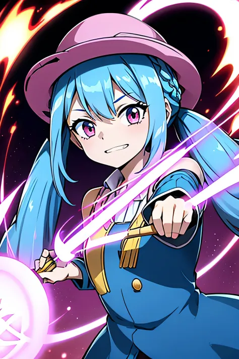 One Girl,Wizard,Raise your cane,Light blue hair,Pale pink eyes,Blue Hat,Flame Background,Slanted Eyes,Braids,Pigtails,Shadowy,Grinning face