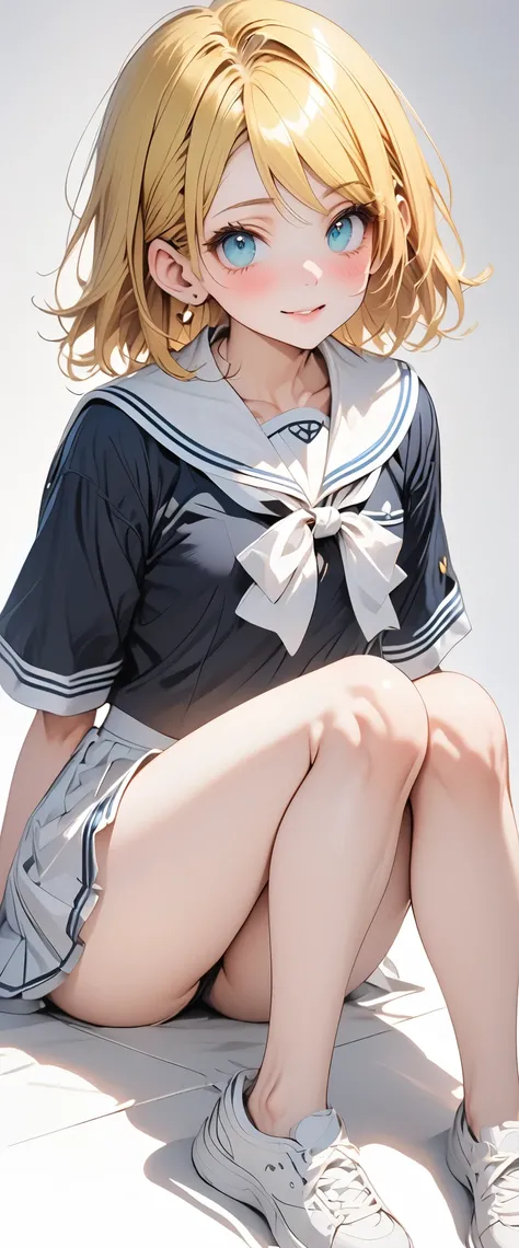 (Anime face), (((Kagamine Rin))), ,(The sailor suit is white and yellow),（mini skirt）（Black inner spats） masterpiece, Best Quality, Best Quality, 16k, Very detailed, 2.5D, AI-generated, Delicate and dynamic, Very delicate facial expression, Delicate eye de...