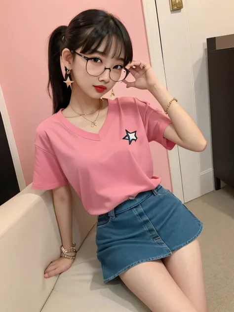 (Best Quality、8k、32K、masterpiece、Hmph:1.2)、Pink wall、sexy、((Age 15))、、(((thin frame round glasses))、Cute Japanese women photos、((Star Earrings))、Lip Piercing、((Ear Piercing３t))Short Ponytail、、Red lipstick、sexy、thin、Slender、(Small breasts)、Double eyelids、Sh...