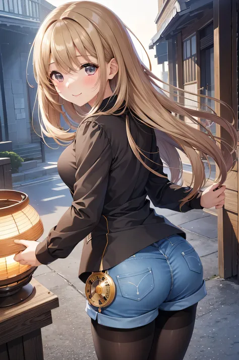 8k , masterpiece,best quality,ultra detailed, 1 female, blush, smile , Cute girl anime visuals, Beautiful Anime Girls, Smooth anime CG art, Official artwork, Fascinating anime , ((pantyhose under short pants ,Buckshot、Looking Back、Beautiful woman))、(Young ...