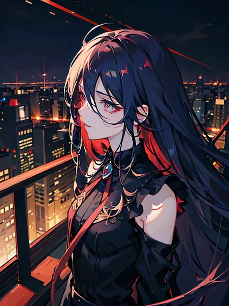 Side view, Masterpiece, ultra-detailed lighting. Anime boy, crimson eyes, detailed eyes, long eyelashes, dark blue hair with red gradient; long flowy hair, shoulder-length hair, black suit, black collared shirt, black tie. Cold, determined. City background...