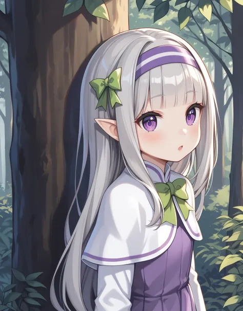 1girl, forest, peeking out upper body, behind tree, purple eyes, hairband, long hair, grey hair, pointy ears, blunt bangs, white...